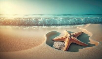 Fototapeta na wymiar Tropical beach with sea star on sand. Generative AI