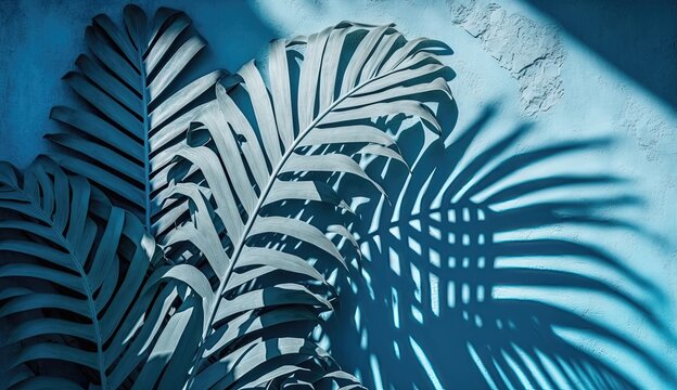 Shadow of paln leaf in blue wall. Generative AI