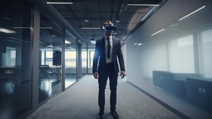 Fototapeta na wymiar A person in a futuristic virtual reality headset, interacting with a virtual reality environment. Gen AI