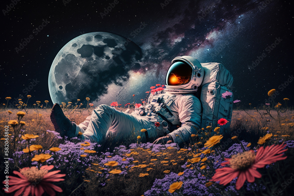 Wall mural astronaut or space man relaxing on a planet on a beautiful field of flowers. freedom and creativity 