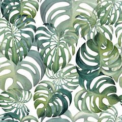 Hand drawn watercolor exotic tropical plant big green monstera leaves Seamless pattern. Isolated on white background. Design wall art, wedding, print, fabric, cover, card, tourism, travel booklet.
