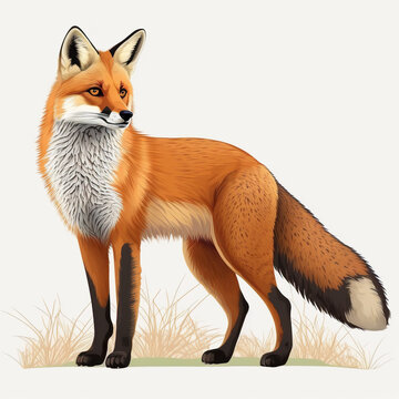 Drawing of a red fox with grass. The concept of a generated AI image of an animal on a white background for print. Generative AI