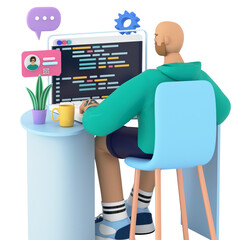 Programmer or developer sitting at the desk and coding  or  programming. 3d rendering illustration. IT engineer or project manager communicate with team, researching and working. Remote work concept.
