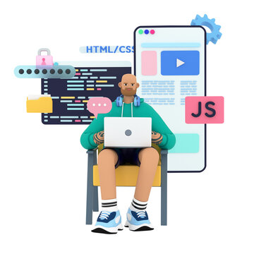 Programmer or coder working on computer. Beard handsome man programming on HTML, python, JavaScript&nbsp;on laptop. Front end, CMS, app or web development concepts. 3d rendering illustration.