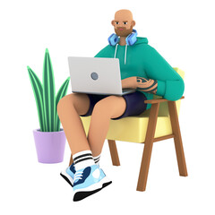 3D illustration of handsome man sitting and working with laptop at home. Online education, remote working, marketing, blogging  and social media concept. Rendering image on white background.