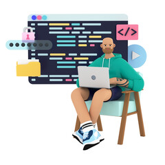 Programmer or coder working on computer. Beard handsome man programming on HTML, python, javascript on laptop. Backend, CMS, app or web development concepts. 3d rendering illustartion.