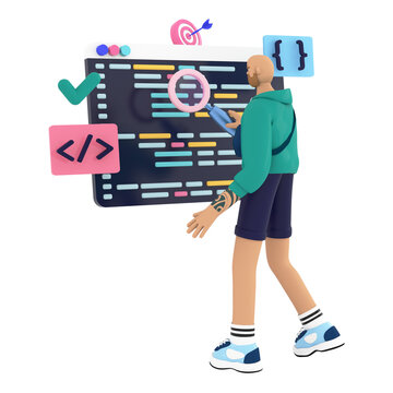 Programmer, coder, tester searching bugs in code. Beard handsome man programming and autotesting on python, javascript. Backend, CMS, Q/A and app development concepts. 3d rendering illustartion.