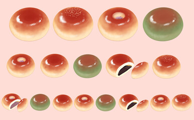 イラスト素材・一列に並んだ・あんパン4種セット 桜あんパン・ヨモギあんパン ピンク背景 色違い・差分有 