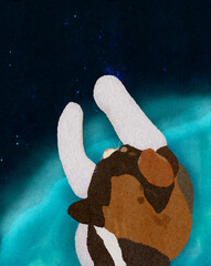 Ilustracja kot szylkretowy w kosmosie na chmurze . © Monika