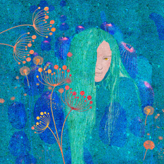 Ilustracja grafika portret młoda kobieta z gniewnym spojrzeniem abstrakcja w niebieskich kolorach kwiaty.