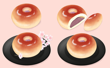 イラスト素材 春の桜あんパン4種セット  ピンク背景 色違い・差分あり