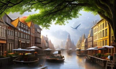 Ilustracja inspirowana starą europą, stare miasto, klasyczne zabudowania, kanał z wodą, drzewo. Wygenerowane przy pomocy AI. - obrazy, fototapety, plakaty