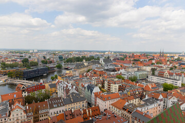 Top view of Wroclaw. City center with colorful houses with red roofs and and river with a bridges. Poland