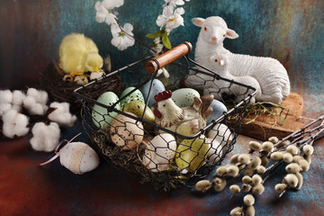 Easter decorations on grunge background