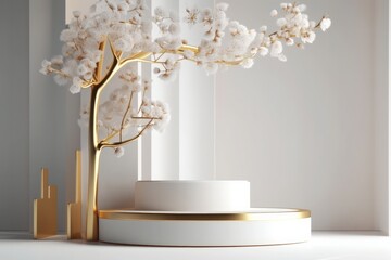 white podium with cherry tree made with generative ai