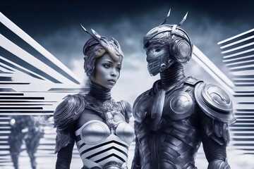 Fototapeta premium Futuristic warriors with pretty faces stand close together against an abstract background, made with generative ai