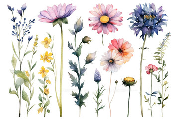 delicate watercolor beautiful meadow flowers on white background