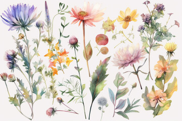 delicate watercolor beautiful meadow flowers on white background. generative ai 