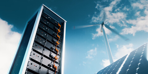 Naklejka na ściany i meble The picture shows the energy storage system in lithium battery modules, complete with a solar panel and wind turbine in the background. 3d rendering.