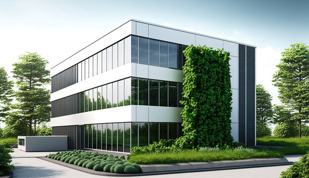 3D office building with lots of green plants. Generative AI