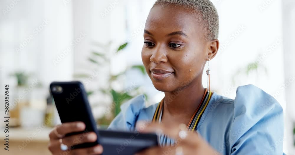 Sticker Phone, credit card and black woman online shopping in office for payment, digital banking or purchase. Business, fintech and smile of happy African female with mobile smartphone for ecommerce website