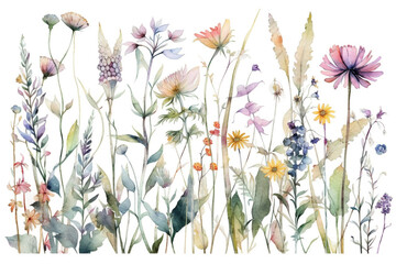 delicate watercolor beautiful meadow flowers on white background. generative ai 