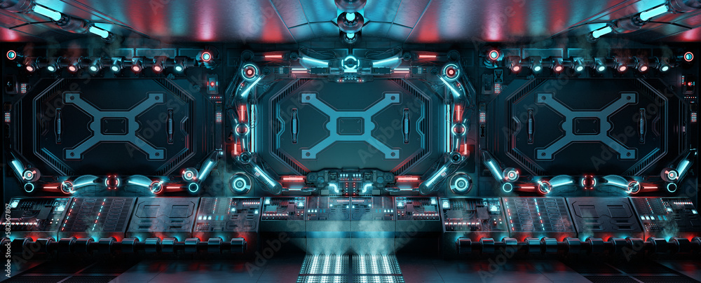 Aufkleber dark spaceship interior with glowing control panels. futuristic space station background with blue a