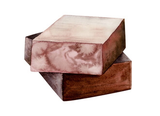 Hand drawn natural hand made soap bars in red brown maroon colors, spa and health care watercolor illustration on white
