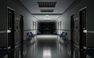 Long dark hospital corridor with rooms and seats 3D rendering. Empty accident and emergency interior with bright lights lighting the hall from the ceiling