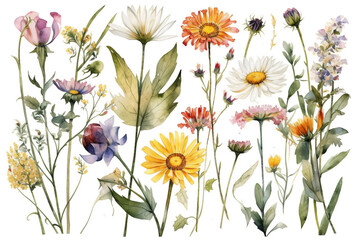 delicate watercolor beautiful meadow flowers on white background. generative ai 