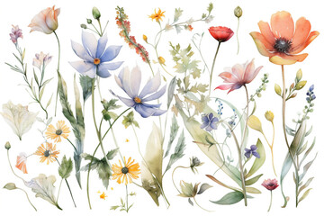 delicate watercolor beautiful meadow flowers on white background. generative ai 