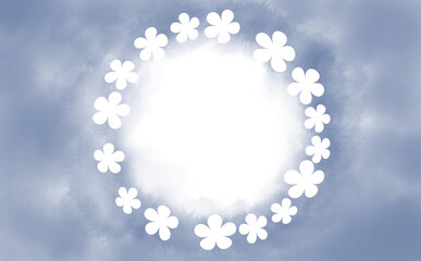 花柄シルエットの円フレーム-ブルー ふんわり水彩画テクスチャ イラスト素材 色違い・差分有