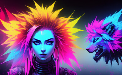Fototapeta na wymiar Female cyberpunk portrait, a woman with long colorful hair. Generative AI. 
