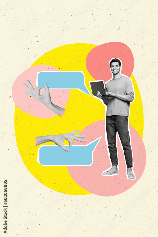 Poster vertical collage image of cheerful mini black white colors guy use netbook big arms hold empty space