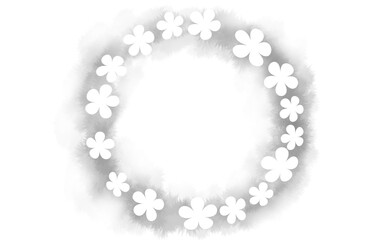 花柄シルエットの円フレーム-グレー ふんわり水彩画テクスチャ イラスト素材 色違い・差分有