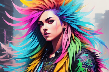 Fototapeta na wymiar Female cyberpunk portrait, a woman with long colorful hair. Generative AI. 