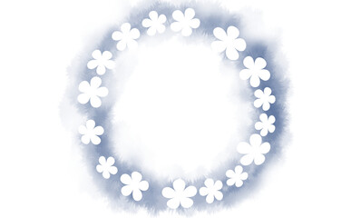 花柄シルエットの円フレーム-ブルー ふんわり水彩画テクスチャ イラスト素材 色違い・差分有