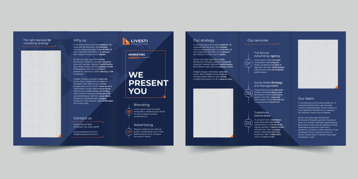 Marketing Agency  trifold brochure template. A clean, modern, and high-quality design tri fold brochure vector design. Editable and customize template brochure