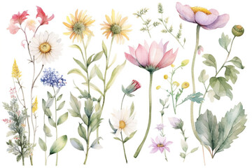 delicate watercolor beautiful meadow flowers on white background. generative ai
