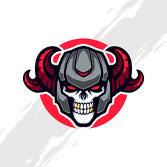 Skull Warrior Mascot Wearing a Black Helmet with Red Horns