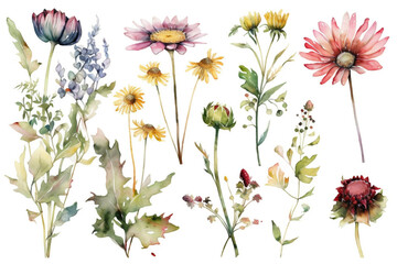 delicate watercolor beautiful meadow flowers on white background. generative ai