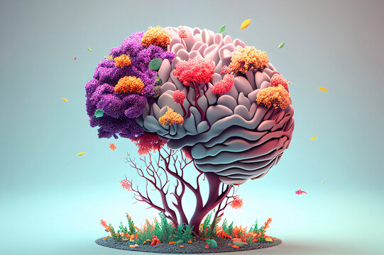 Human brain tree with flowers, self care and mental health concept, positive thinking, creative mind, generative AI