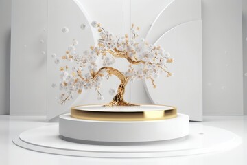 white podium with cherry tree made with generative ai