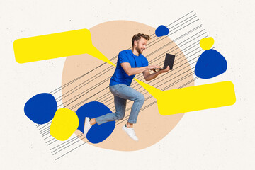 Artwork collage picture of mini excited guy running use netbook chatting ukraine news empty space...