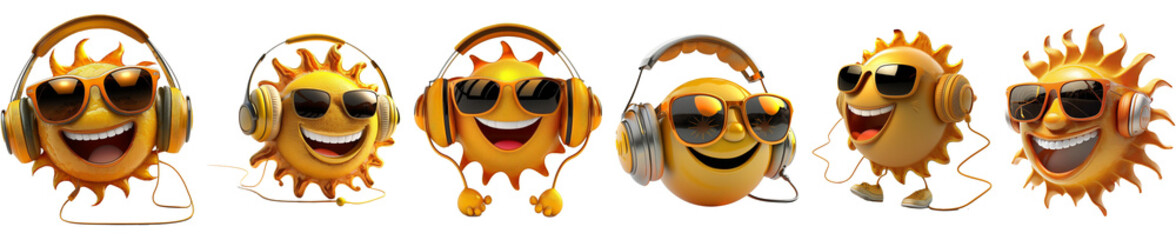 3d sun. smiling sun. the sun wears sunglasses and wears headphones. sun isolated on blank background PNG.