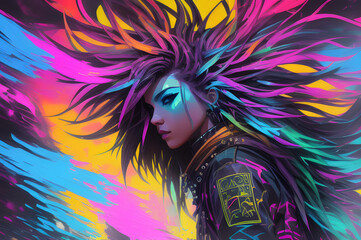 Female cyberpunk portrait, a woman with long colorful hair. Generative AI.	
