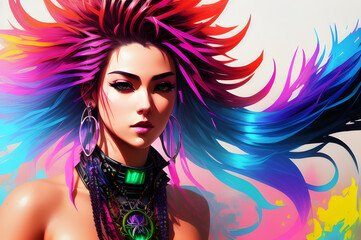 Female cyberpunk portrait, a woman with long colorful hair. Generative AI.	