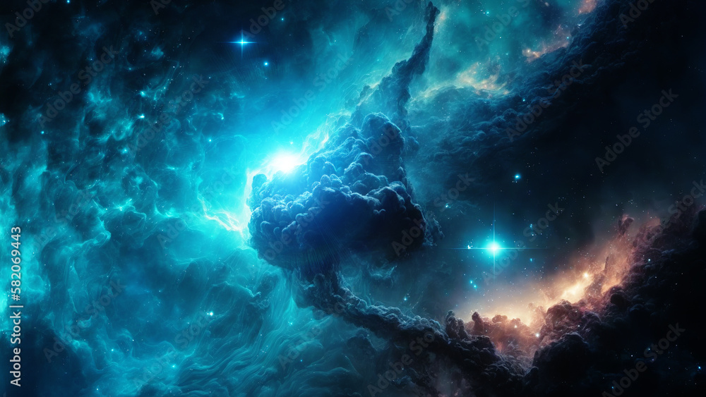 Poster Large panoramic view of a colorful dark blue nebula in space. Cosmic background with bright shining stars, galaxies and deep universe. Generative ai