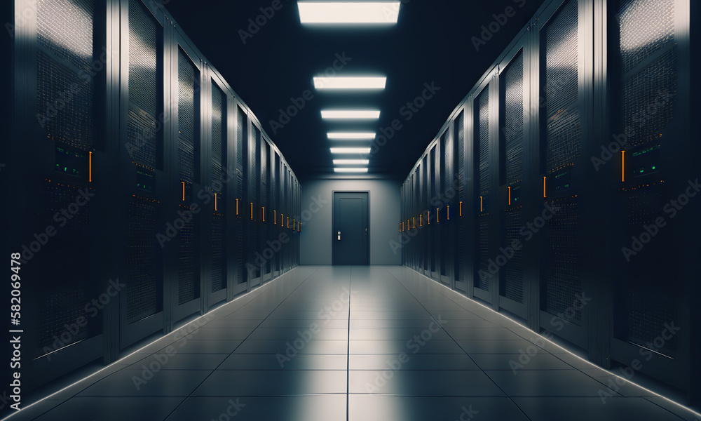 Fototapete Dark servers data center room with computers. Storage systems corridor interior with glowing elements. Generative ai