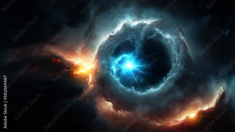 Poster Birth of a star in space during a nebula explosion. Nuclear fusion of cosmic clouds of gas and dusts spinning. Universe background. Generative ai